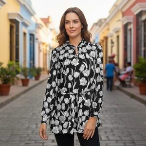 Alex Colman Sports Wear Vintage Floral Print Hood Long Sleeve Black White Tunic